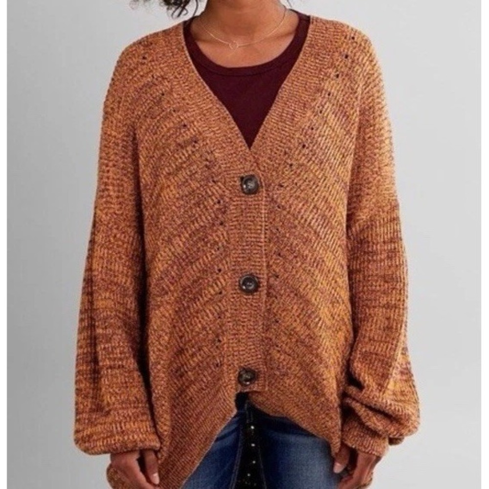 Daytrip Cardigan Sweater Womens XS Brown Open Knit Slouchy Oversized Boho Chic‎